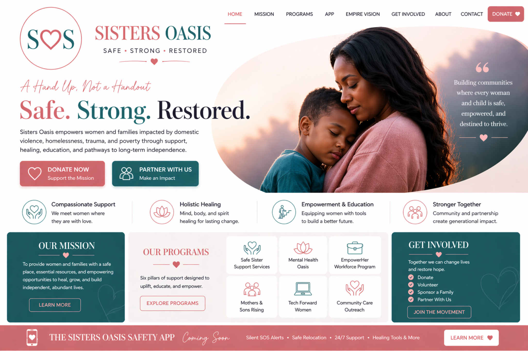 Sisters Oasis approved homepage design with SOS logo, Safe Strong Restored message, mother and son image, mission, programs, app banner, and get involved sections